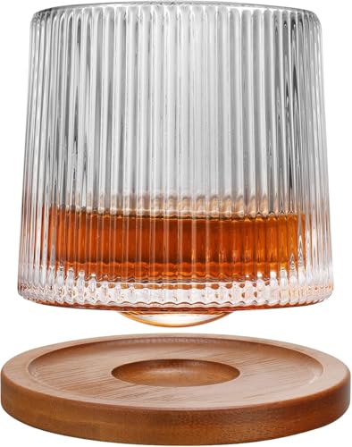 Spinning Whiskey Glasses Rotatable Fashioned Tumbler Rocks Bar Glasses with Bamboo Bourbon Scotch Rum Vertical Style Idea for Whiskey Lovers Glassware Glass Set