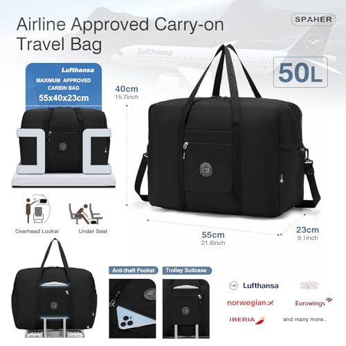 SPAHER Reisetasche Handgepäck Tasche 55x40x23 Lufthansa Wizzair Eurowings Leichte Reisetasche Groß Faltbare 50L wasserdichte Tasche Flugzeug Travel Duffle Bag Cabin Bag Weekender Damen Herren