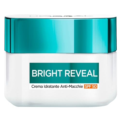 L'Oréal Paris Crema facial hidratante SPF 50 para todos los tipos de piel, piel rellena y uniforme, con niacinamina, Bright Reveal, 50 ml