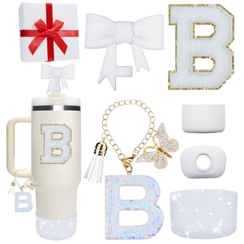 Miglaja White Accessories for Stanley Cup 30OZ 40OZ, All Accessories Gift Box Contain Flower Straw Topper, Sillicone Boot, Letter Stickers and Pendants,Spill Stopper Set (White B)