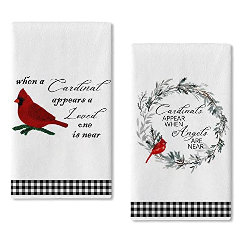 Seliem Cardinal Appear When Angel Near Kitchen Dish Towel, Black White Buffalo Plaid Check Bath Fingertip Towel Tea Bar Hand Drying Cloth, Winter Farmhouse Red Bird Wreath Decor Home Decorations 18X28 #TOP7