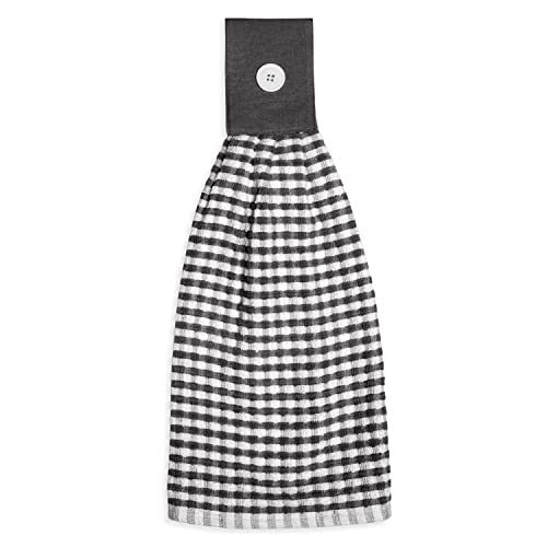 Cackleberry Home Gingham Check Terrycloth Hanging Kitchen Hand Towel Cotton With Button Accent, Set Of 2 (Charcoal Gray) #TOP3