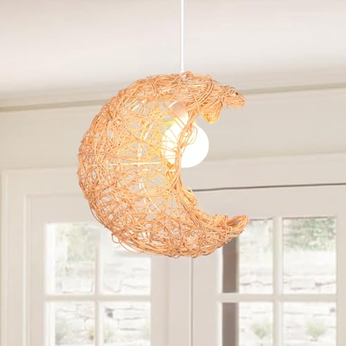 PETITES ECREVISSES Lustre Suspension en Rotin Lune étoiles Plafonnier Luminaire E27 Rétro Abat-jour Forme Lune Lampe Suspendue Ø32 cm Métal pour Enfants Chambre...