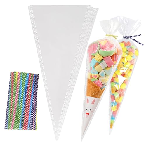 100 sacos de cone doce, sacos de cones com 100 laços coloridos, saco triangular para doces, bolachas, forno (transparente, 13 x 25)