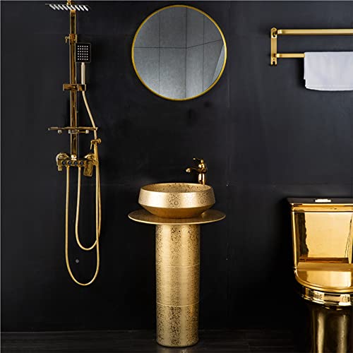 Yrra Pedestal Sink 16"X16" Gold Modern Ceramic Bathroom Basin Sink, Kaolin Clay Pedestal Sink Round Freestanding Sink For Indoor And Outdoor,With Mirror #TOP6