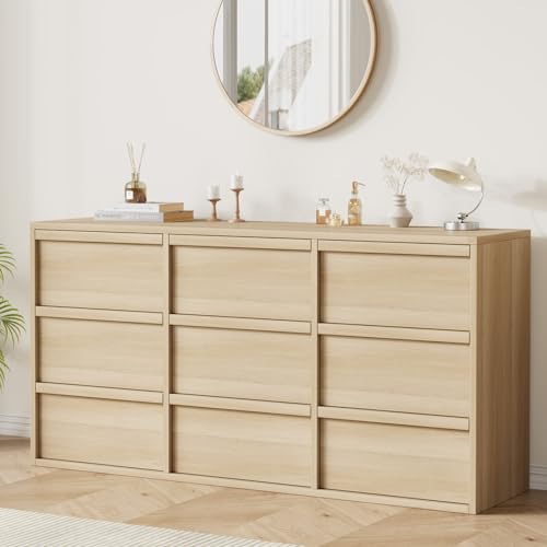 Garvee 9 Dresser for Bedroom, 58.7" Wide Dresser, Freestanding Horizontal Drawer with Storage, Wooden Closet Chest Storage for Living Room, Hallway, E