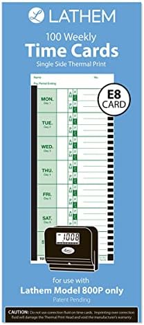 Lathem Weekly Thermal Print Time Cards, Single Sided, For Lathem 800P Time Clock, 9 Inch, 100 Pack (E8-100)