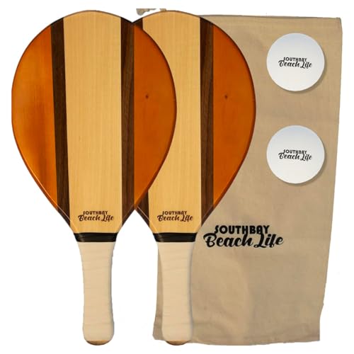 South Bay Beach Life™ - Luxury Wood Beach Paddle Ball Set - 2 Teak Wood Paddle Rackets, 2 White Beach Paddleballs, and 1 Carry Bag