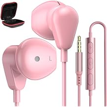Jelanry 3.5mm Wired Earbuds with Microphone in-Ear Headphones for iPhone 6s Samsung A25 A15 S10 Sport Headset for Chromebook Laptop PC Switch Airplanes School Kindle Fire MP3 Android Devices, Pink