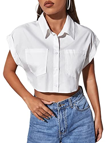Verdusa Women's Pocket Front Roll Up Cap Sleeve Button Down Crop Blouse Top