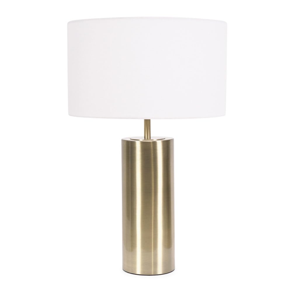 Valuelights Unisex White Lexy Fabric Drum Shade With Antique Brass Dimmable Touch Table Lamp & Led Bulb In