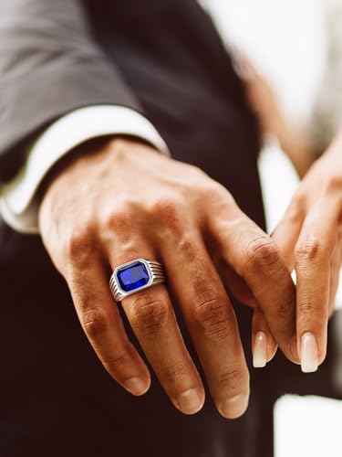 Bestyle BTR27371G-83-10 Mens Signet Ring Pinky Ring Men Stainless Steel Ring, Synthetic Princess Cut Blue Sapphire Ring thumb #1