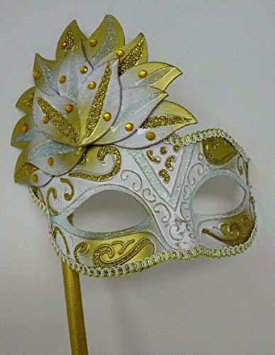 Mask LADIES WHITE & GOLD JEWELLED VENETIAN MASQUERADE CARNIVAL PARTY EYE BALL MASK HAND HELD ON A WOODEN STICK, 17cm Deep exc Stick - Image 2