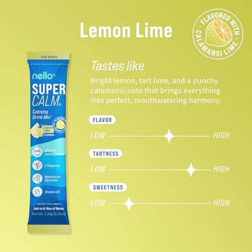Image of Nello Supercalm Powdered Drink Mix, Cortisol Reducer* and Sleep Aid Supplement, L Theanine, Ksm-66 Ashwagandha, Magnesium Glycinate, Vitamin D 3, No Sugar, Non GMO, On The Go, 20 Ct, Lemon Lime