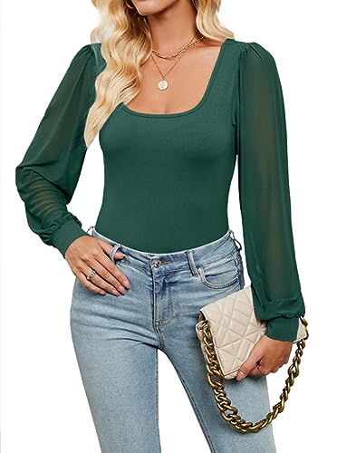 oten Women's Mesh Loose Lantern Long Sleeve Body suits Square Neck Sheer Bodysuits Leotards Shirts Dark Green Medium