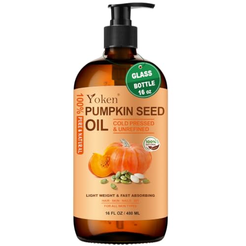 Image of Yoken Pumpkin Seed Oil for Hair 16oz Glass Bottle, Unrefined Cold Pressed | Pure Natural Pumpkin Seeds hair Oil Liquid with Pump Nourishing Scalp Skin Body Care Topical Use Massage Carrier