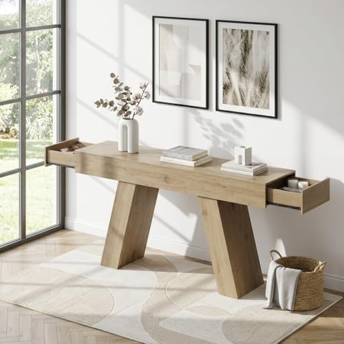63-Inch Long Console Table Entryway Table with Storage Drawer, Natural Wood - image 2
