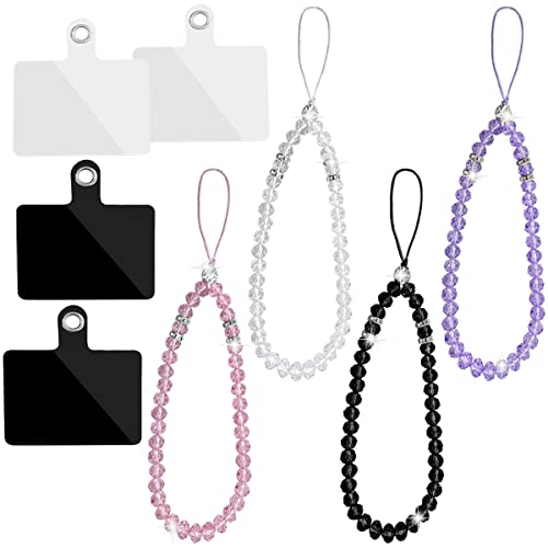 4 Colors Crystal Beads Cell Phone Lanyard Strap + 4 Pcs Phone Tether Tab Sticker Pad, Colorful Bling Short Hand Wrist Lanyard Chain Hanging String for Girl Women Mobile Phone Wristlet Camera Purse