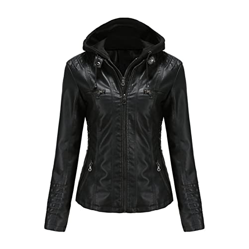 Veste en cuir à capuche amovible pour femme manteau de motard slim