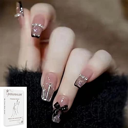 Pink Press On Nails Black French Tip, Butterfly Bling Rhinestone False Nails for Women Girls with Nail Glue and Jelly Ge