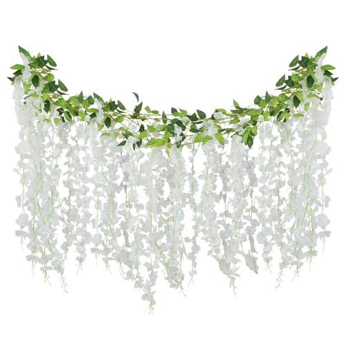 ARTKAIKE Artificial Flowers Garland for Home Decor, Fake Wisteria Vine Silk Hanging Plant Flower for Room Bathroom Wall Kitchen Bedroom Garden Outdoor Wedding Decor (4, White)