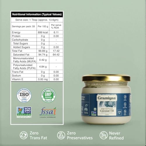 Image of Gramiyaa Cold Pressed Virgin Coconut Oil 250 Ml | Chemical-free, Zero Trans-fat Cooking Oil | Unrefined