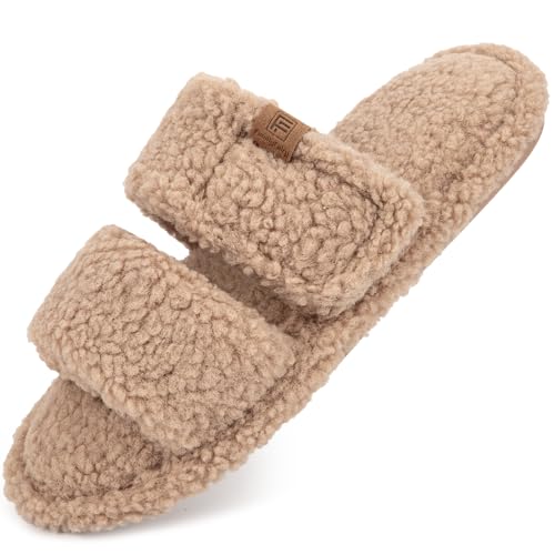 FamilyFairy Open Toe Slippers for Women Adjustable Memory Foam House Shoes Faux Fur Fuzzy Slide Sandals Non Slip Washable - Main Image