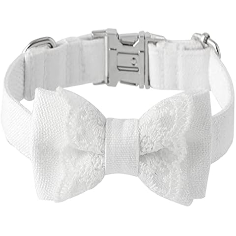Bnibol Unique Wedding Dog Collar Bow Tie, White Cotton Dog Collar with Adjustable Metal Buckle,Suitable for Small Dogs. (Wedding S) Cover