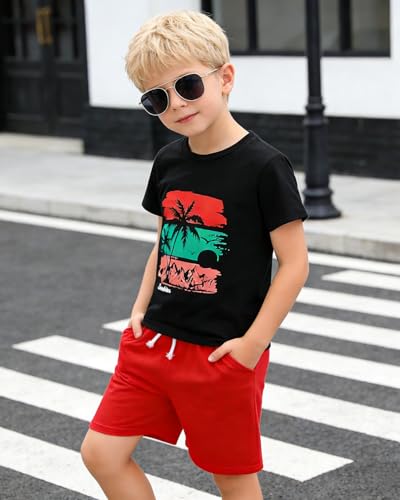 Image of Boys 2 Piece Outfits Short Sleeve Basketball Pattern T-Shirt and Shorts Summer Clothes for Kids 5-12 Years