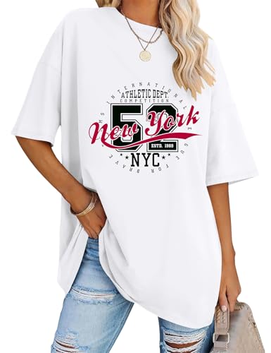 LOMON Oversized Tshirts Shirts for Women Summer Round Neck Short Sleeve Letter Print Graphic Tee Casual Tops (White-New York,XL)