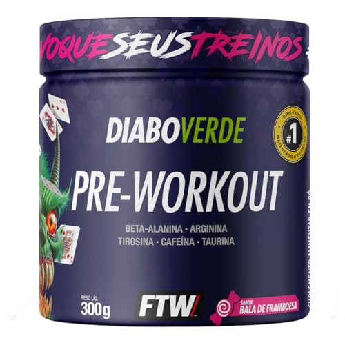 FTW Pré-Treino Diabo Verde - Energia Extrema, Força e Foco - Potência Hardcore com Cafeína, Beta-Alanina - Para Treinos Intensos - sabor: Bala de Framboesa - Pote 300g