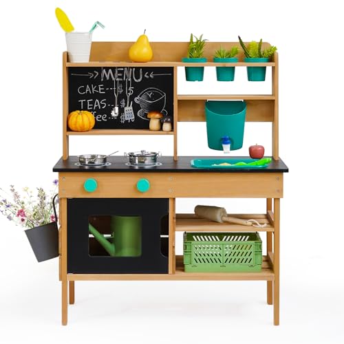 Mud Kitchen for Kids Outdoor, Wooden Play Kitchen with Real Working Faucet