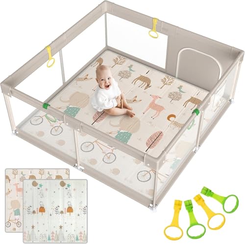 Julrrimg Laufstall Baby mit Matratze, 150x150 Laufgitter Baby mit Matte, Laufstall für Apartment, Laufgitter mit Atmungsaktivem Netz an Vier Seiten und Saugnäpfen Julrrimg Laufstall Baby mit Matratze, 150x150 Laufgitter Baby mit Matte, Laufstall für Apartment, Laufgitter mit Atmungsaktivem Netz an Vier Seiten und Saugnäpfen