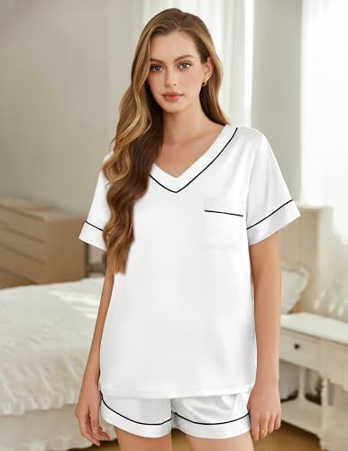 Image of Silk Pajamas for Women Short Sleeve Satin 2 Piece Pj Set Soft V Neck Sleepwear Loungewear, S-XXL