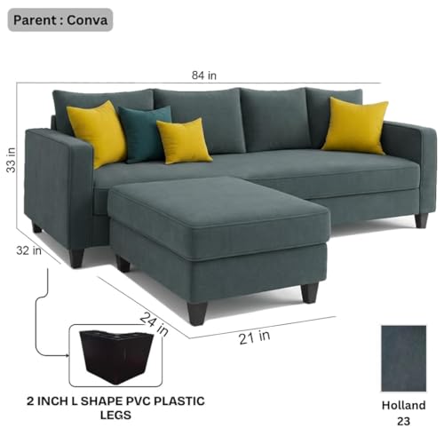 Image of FURNY Conva 5 Seater L Shape Sofa Set with Movable Ottoman | Flexible Left or Right Layout | Plush Velvet Fabric (Dark Grey) | Perfect for Living Room, Guest Room & Office