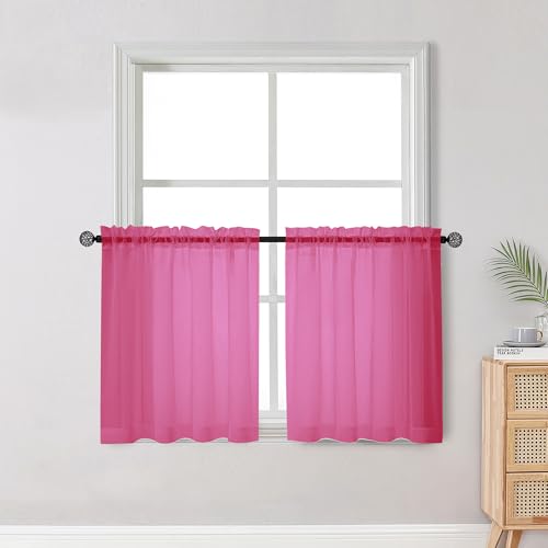 Image of OWENIE Short Hot Pink Sheer Curtains 30 Inch Length 2 Panels Set, Kitchen Curtains Tiers Light Filtering Rod Pocket Cafe Curtain for Basement Bathroom Small Half Window, 42 inch W x 30 inch L, Hot Pink