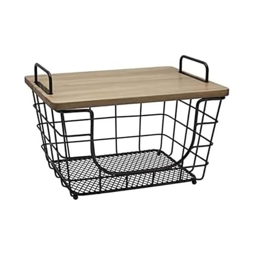 Gourmet Basics by Mikasa Madam Metal Stacking/Nesting Rectangular Basket with Acacia Lid, Antique Black