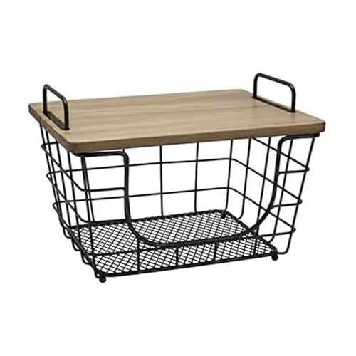 Gourmet Basics by Mikasa Madam Metal Stacking Nesting Rectangular Basket with Acacia Wood Lid, Space Saving Kitchen, Bathroom & Office Organizer, Antique Black by Gourmet Basics by Mikasa - Used condition - US$24.65