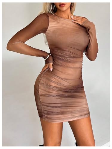 Image of GORGLITTER Women's Long Sleeve Mini Dress Vacation Party Wedding Guest Cocktail Ombre Ruched Mesh Bodycon Dresses