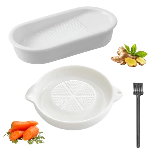 2 Stück Keramikreibe (Kreis + Rechteck), Knoblauchreibe, Ingwerreibe, Reibeteller, Inklusive Bürste, Leicht Zu Reinigen, Geeignet Zum Zerkleinern Von Ingwer, Knoblauch, Zwiebeln und Äpfeln (Weiß)