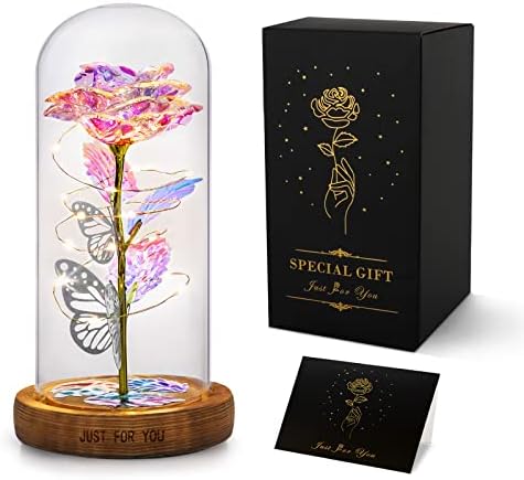 S SIVERY Rose Flower Gifts for Women - Colorful Rainbow Artificial Flower Light Up Rose in Glass Dome for Her, Mom, Grandma, Sister, Wife, Girlfriend, Daughter, Friends