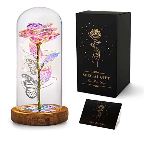 S Sivery Rose Flower Gifts For Women - Colorful Rainbow Artificial Flower Light Up Rose In Glass Dome For Her, Mom, Grandma, Sister, Wife, Girlfriend, Daughter, Friends #TOP24
