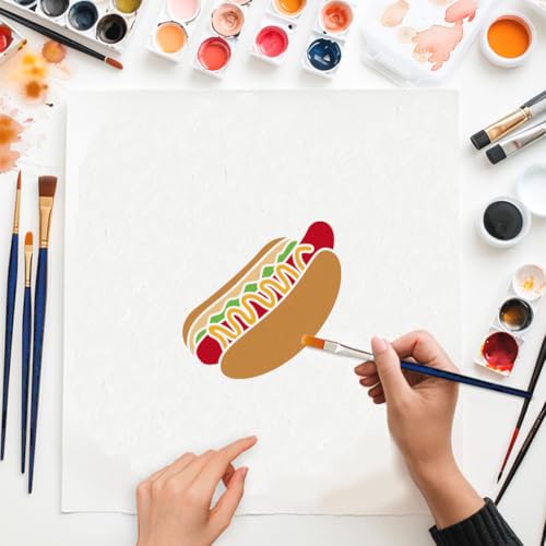 MAYJOYDIY 9 PCS Popular Food Painting Stencils 5.9x5.9 Inches Hamburgers Hot Dogs Reusable Stencils Donut French Fries Drawing Stencil Templates with Paint Brush for Wood Furniture Wall Canvas