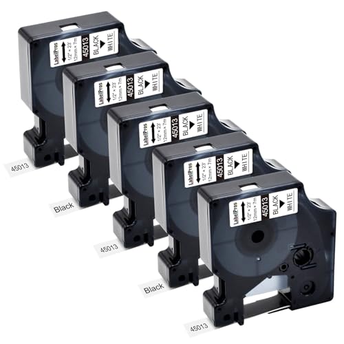 Replace DYMO D1 Label Tape 45013 S0720530 D1 Refills Compatible for DYMO LabelManager 160 280 420P PnP 220P 360D 450 210D, 1/2” W x 23’ L, 12mm x 7m, Black on White, 5 Refills by LabelPros - Used condition - CA$13.39