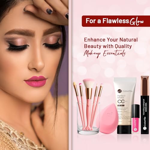 Image of ColorFlix Navrang Beauty Set - Complete 12-in-1 All-in-One Makeup Kit for Women & Girls, Includes CC Cream, Lipsticks, Mascara, Eyeliner, Beauty Blender, Brushes, Micellar Water & Travel Pouch, Full Face Makeup Combo Gift Set