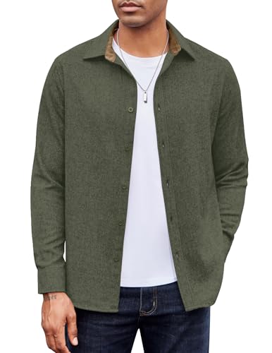 COOFANDY Camisa para Hombre de Franela de Pana de Algodón de Manga Larga Camisa Informal Elástica de Corte Regular Verde Militar L