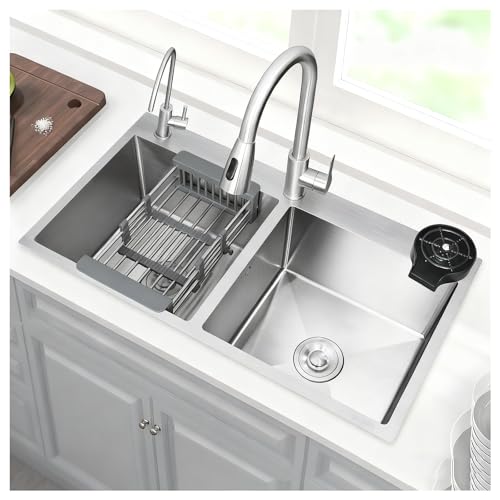 Lavello in Acciaio Inossidabile Design a Doppia Vasca con Cestello Piccolo Retrattile Lavandino da Cucina due Modalità di Scarico Angolo a R Piano Lavoro Rinforzato Tre Metodi(33.5x17.7)