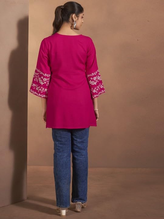 Image of MAHIRA'S Comfort Women's Short Kurti, Rayon Tunic Top with 3 /4 Embroidered Designer Sleeves | Soft Breathable Fabric | Office & Casual Kurti for Jeans, Leggings & Trousers