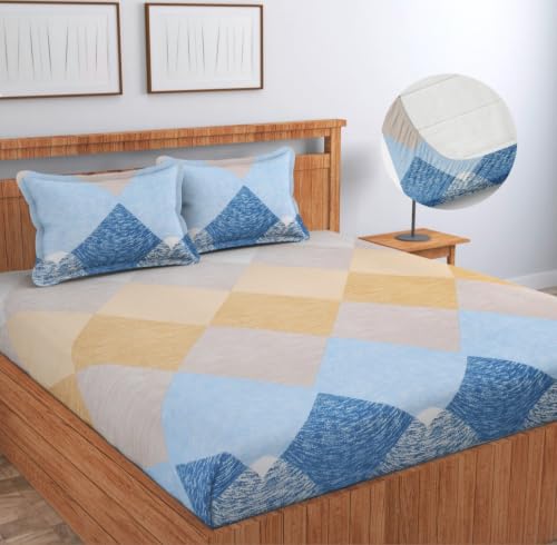 Image of NHD HOME 220 TC Cotton All Around Elastic Fitted Printed Bedsheets King Size, Fitted Bedsheets King Size for Double Bed with 2 Pillow Covers, Size- 78 x 72+8, Dark Grey Beige