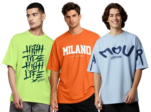Image of LEOTUDE Casual Half Sleeve Cottonblend Printed Round Neck Drop Shoulder Oversized Tshirt for Man (Color Brown)